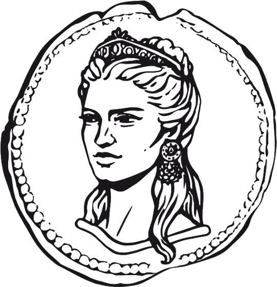 Schwarz-Weiß-Skizze eines Frauenporträts innerhalb eines kreisförmigen münzähnlichen Rahmens.