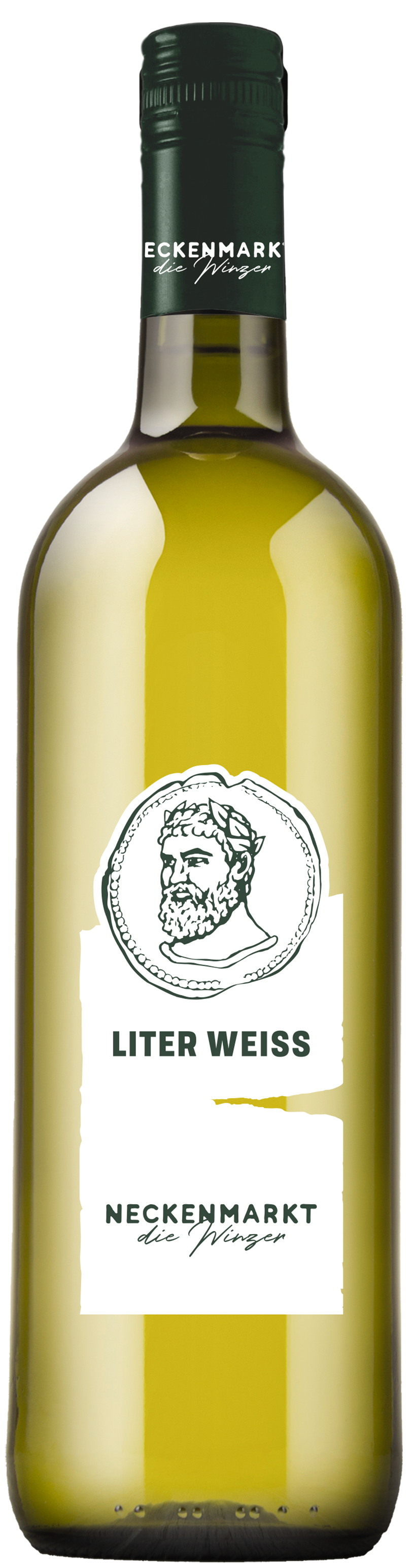 Eine grüne Weinflasche mit der Aufschrift Liter Weiss und einer Skizze eines bärtigen Mannes auf der Vorderseite.
