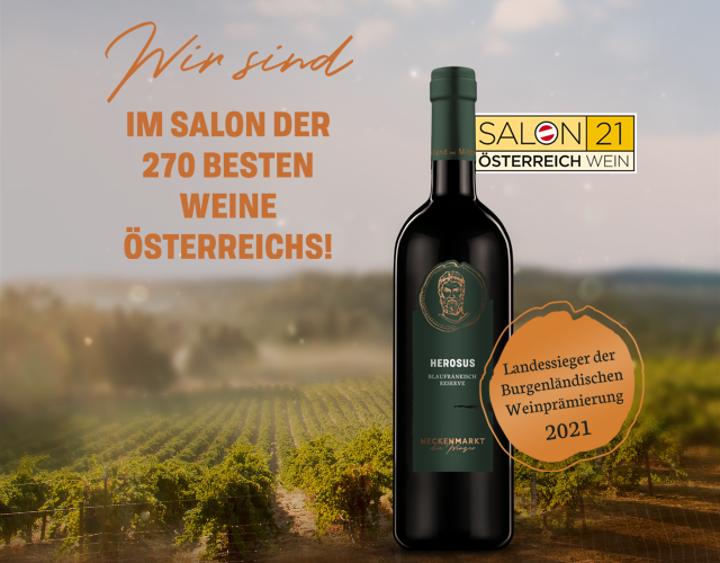 Eine Weinflasche vor einem Weinberg mit einem Text, der ihn als österreichischen Spitzenwein 2021 feiert.