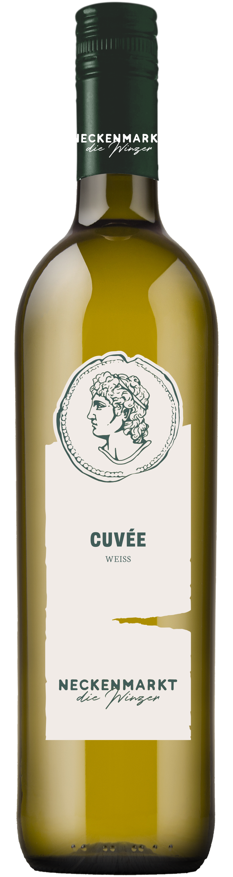 Eine Flasche Weißwein Neckenmarkt Cuvée Weiss mit grünem Verschluss und weißem Etikett.