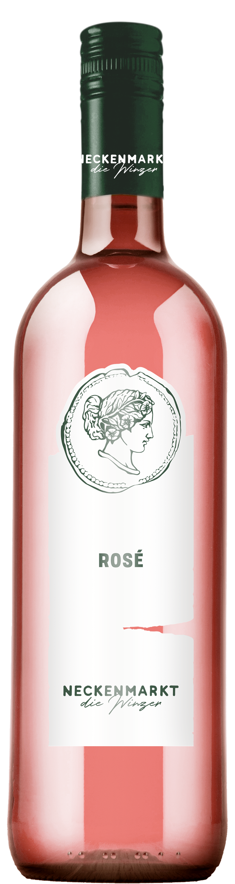 Eine Flasche Neckenmarkt Roséwein mit grünem Verschluss und weißem Etikett mit Profilabbildung.