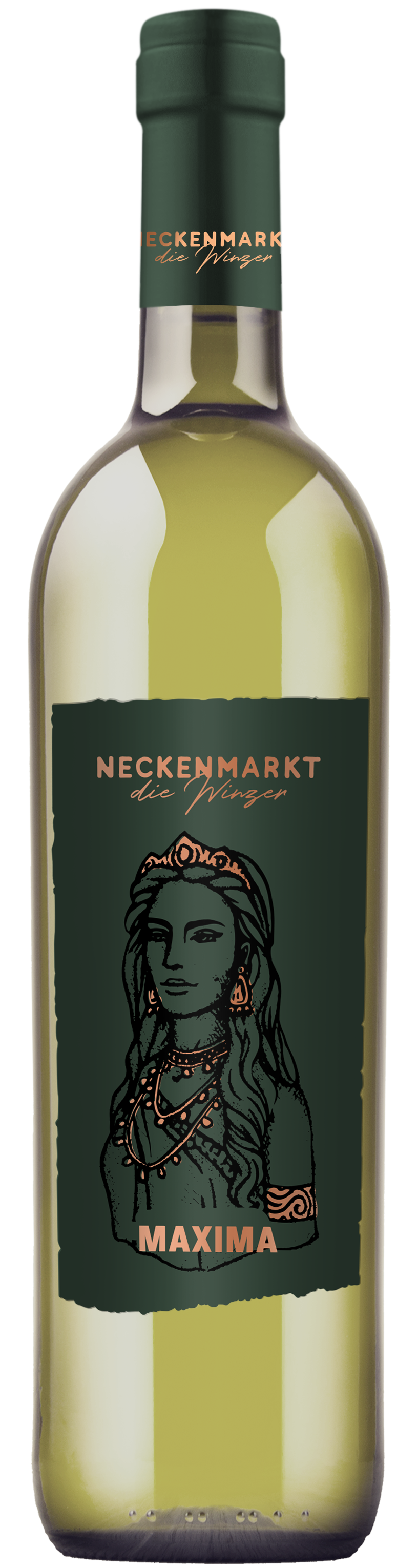 Eine Flasche Neckenmarkt Maxima Weißwein mit einer illustrierten Frau auf dem dunkelgrünen Etikett.