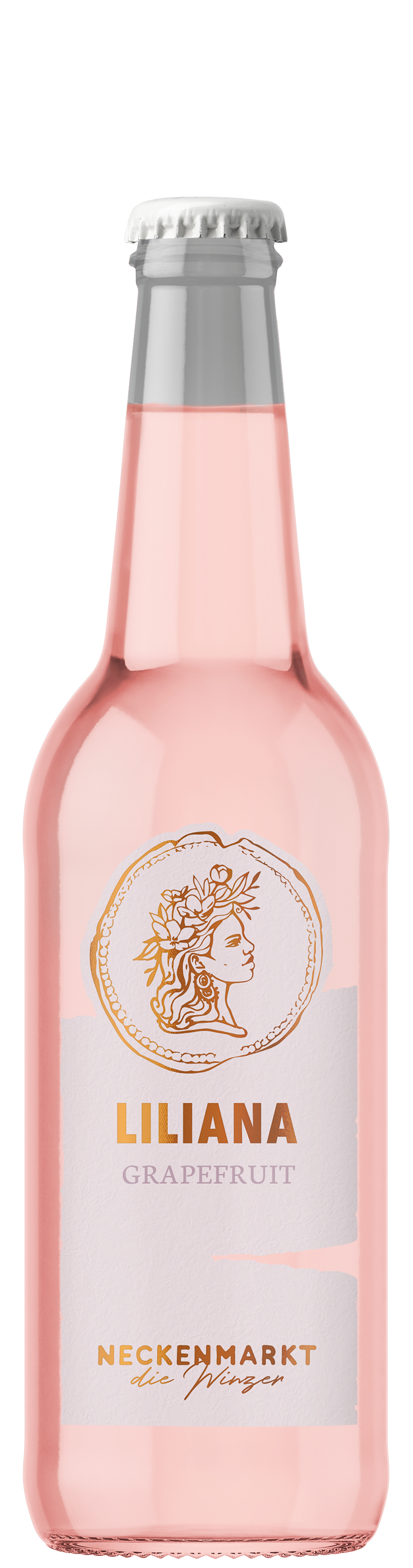 Eine rosafarbene Glasflasche mit der Aufschrift Liliana Grapefruit, einem silbernen Verschluss und einer Blumenillustration auf dem Etikett.