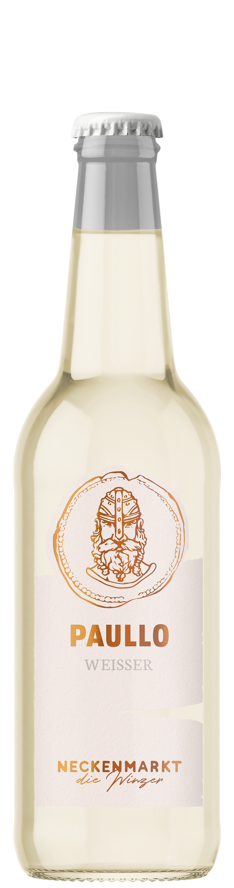 Klare Glasflasche mit Paullo Weisser Getränk mit silbernem Verschluss und weißem Etikett mit orangefarbener Schrift und Logo.