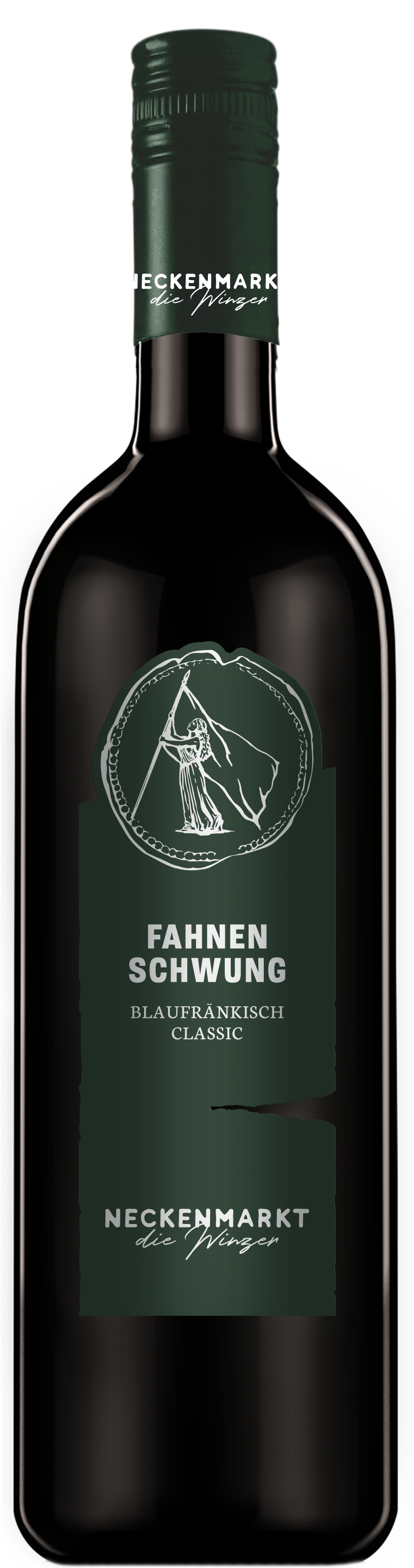 Eine Flasche Neckenmarkt Fahnen Schwung Blaufränkisch Classic Rotwein mit grünem Etikett und Verschluss.