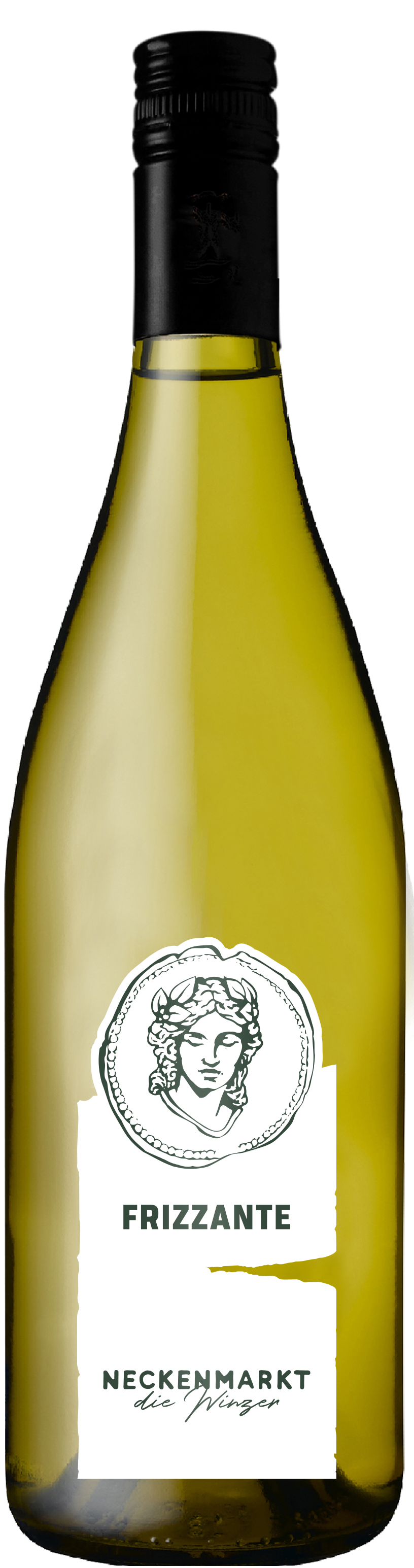 Eine Flasche weißer Frizzante-Wein mit schwarzem Verschluss und einem Etikett mit einer klassischen Gesichtsdarstellung.