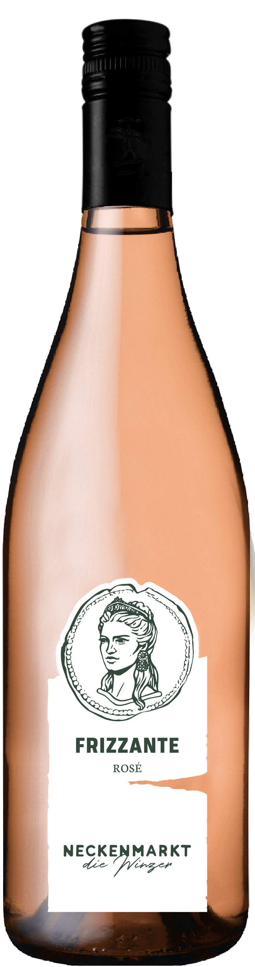 Eine Flasche Frizzante Rosé-Wein mit schwarzem Verschluss und weißem Etikett mit einem Frauenporträt.