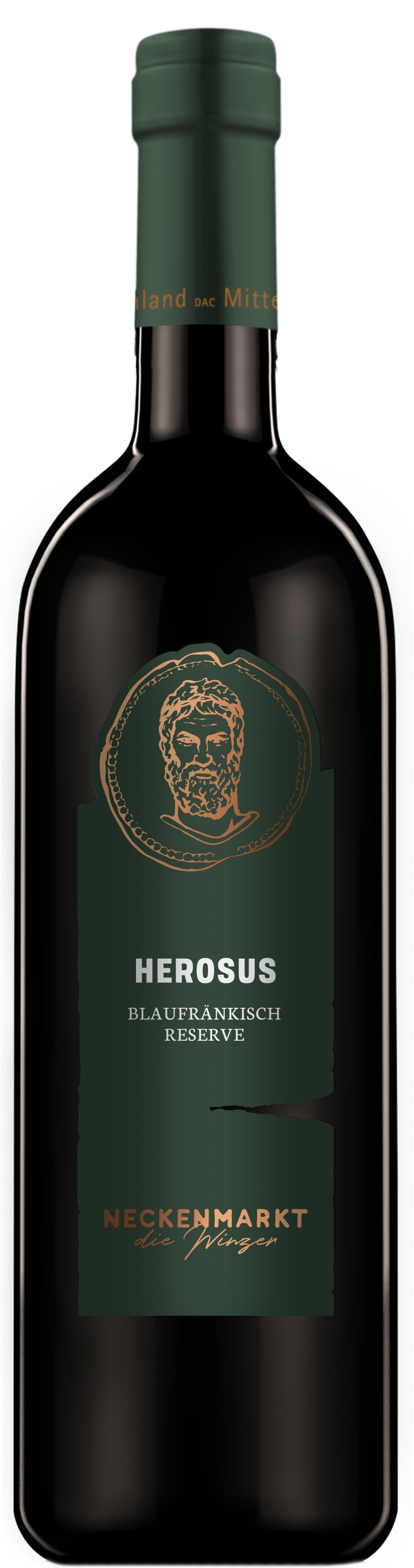 Eine dunkelgrüne Weinflasche mit der Aufschrift HEROSUS BLAUFRANKISCH RESERVE und einem goldgeätzten Logo auf dem Gesicht.