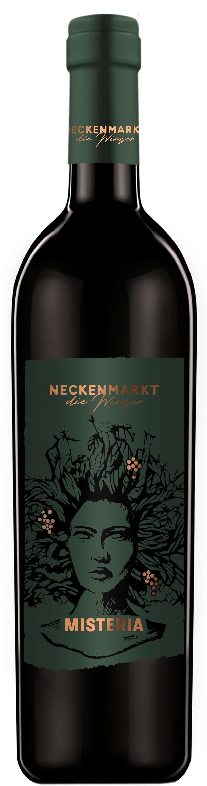 Eine dunkelgrüne Weinflasche mit der Aufschrift MISTERIA, die auf der Vorderseite ein illustriertes Gesicht und eine Weinrebe zeigt.