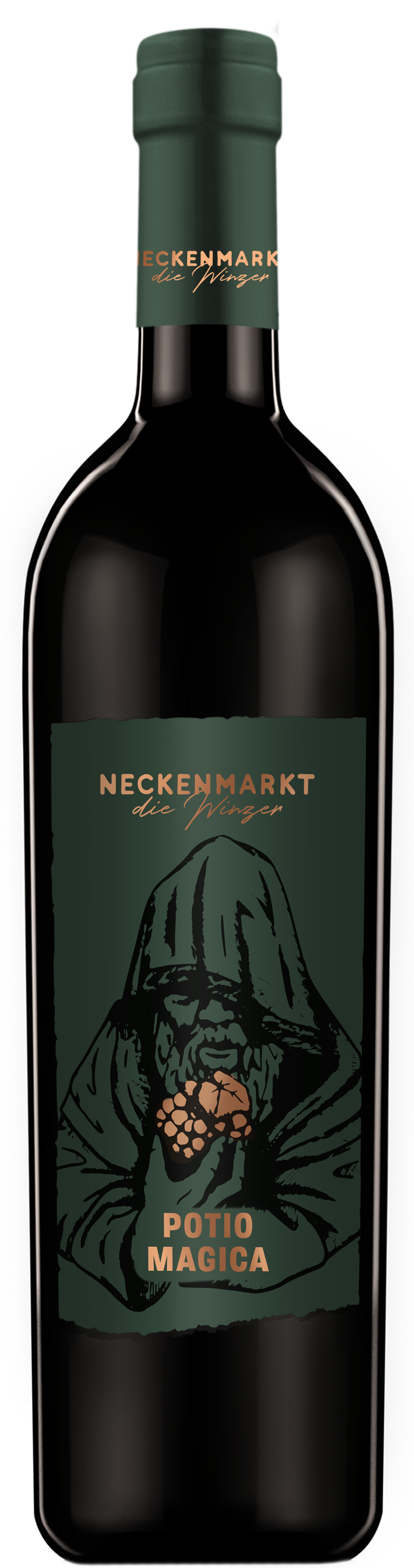 Eine Weinflasche mit der Aufschrift Neckenmarkt Potio Magica und der Abbildung einer Kapuzenfigur, die Weintrauben hält.