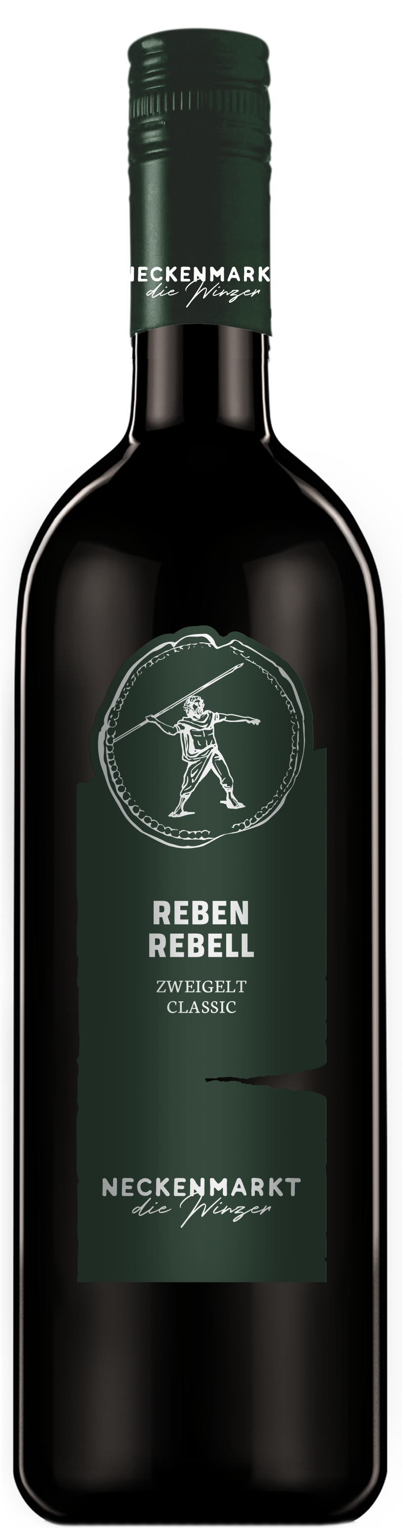 Eine dunkle Weinflasche mit der Aufschrift Reben Rebell Zweigelt Classic mit grünem Verschluss und weißer Schrift.