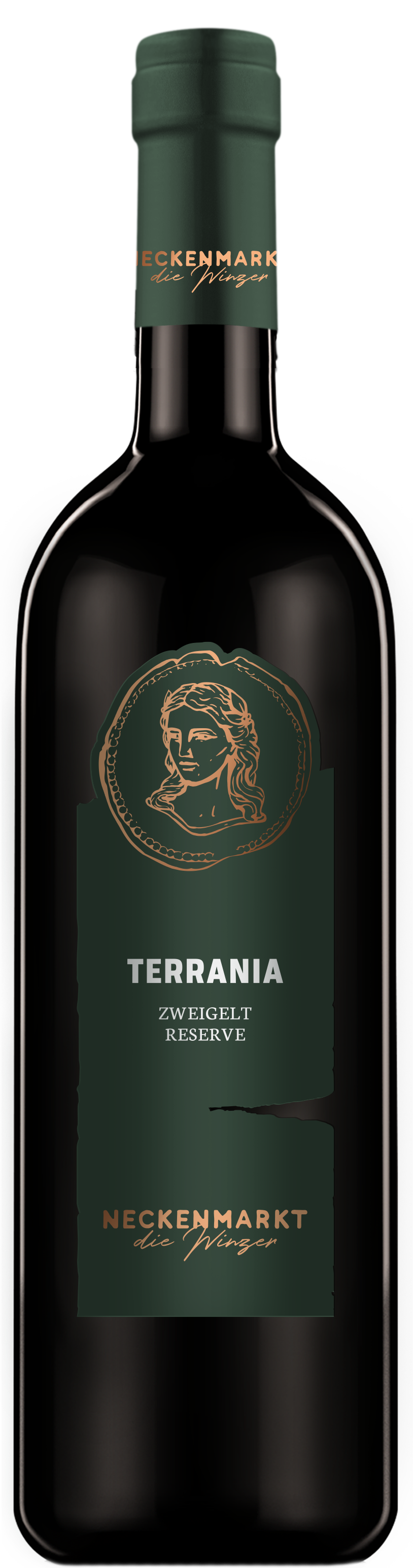 Eine dunkelgrüne Flasche Terrania Zweigelt Reserve Wein mit einem goldenen und weißen Etikett Design.