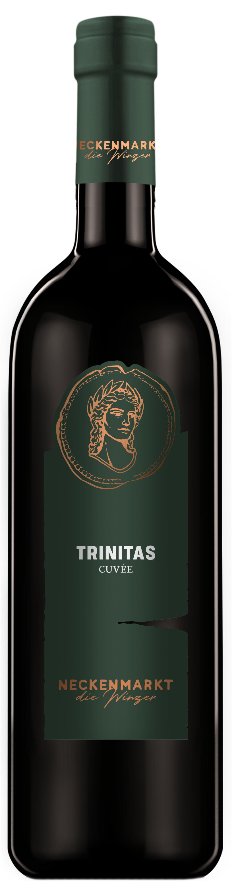 Eine dunkle Weinflasche mit der Aufschrift Trinitas Cuvée mit goldenen und grünen Akzenten und einer Porträtdarstellung.