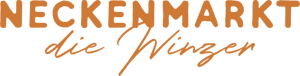 Orangefarbenes Textlogo mit dem Schriftzug NECKENMARKT in fetten Großbuchstaben und dem darunter liegenden Schriftzug die Winzer in handschriftlicher Schrift. Der Hintergrund ist transparent.