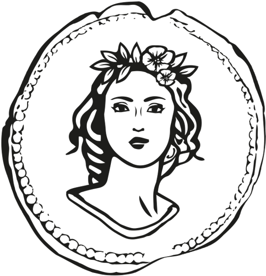 Schwarz-Weiß-Skizze einer antiken Münze mit dem Gesicht einer Frau und einem Lorbeerkranz in der Mitte.